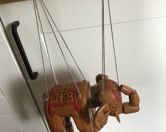 From India wooden elephant marionette hand painted