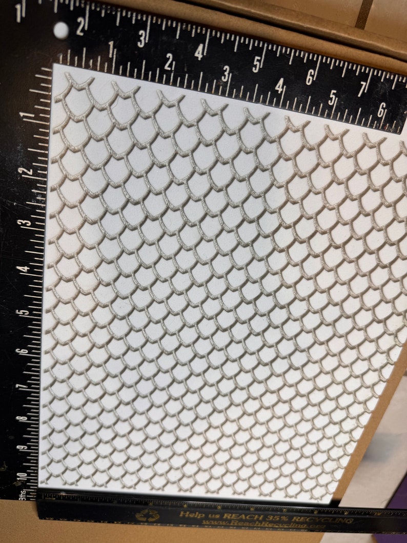 Op de afbeelding: Een close-up van een wit, getextureerd vel met een herhalend patroon van kleine, verhoogde, zilverkleurige schubben. Het vel wordt gemeten met een liniaal in inches.