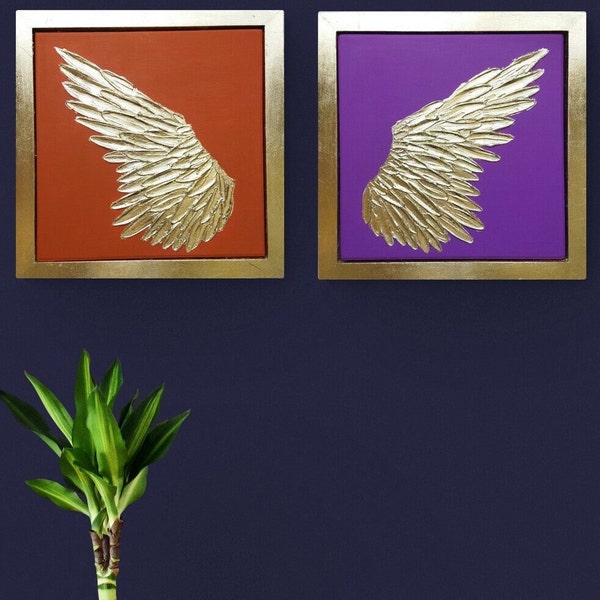Set of 2 GOLD WINGS Original Paintings including a Wood Frame with Gold leaf, Heavy texture handpainted Feather Canvas