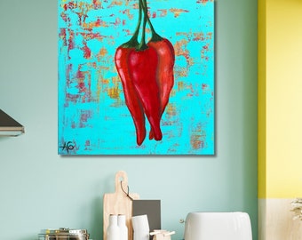 Red Hot Chili Peppers Contemporary Original art handpainted on abstract turquosie background inspired by mexican gastronomy