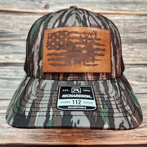 Leather Patch Hunting Hat: American Flag Deer, Richardson 112 Trucker