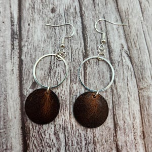 Handmade Leather Circle Earrings: Sterling Silver, Stainless Steel