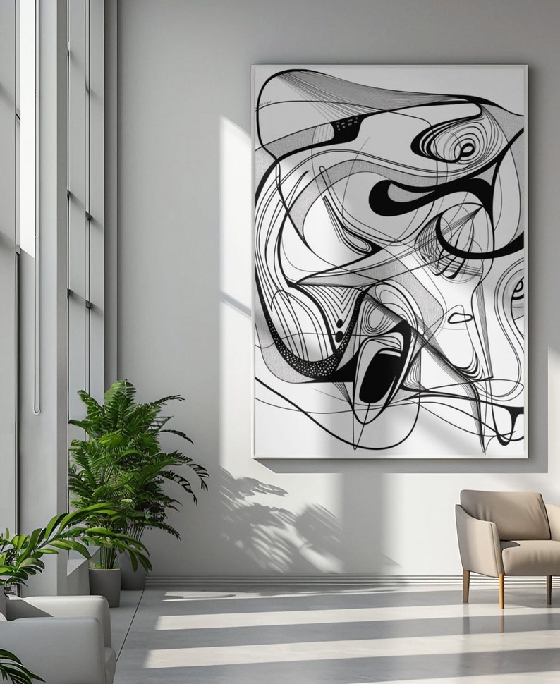 Geometric Abstract Black and White Line Painting - Animal Wall Art ...