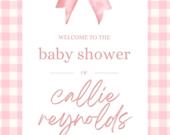Tabliczka powitalna na baby shower z kokardą w kratkę, edytowalny szablon Canva (do pobrania w wersji cyfrowej)