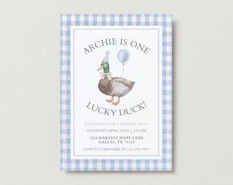 May include: A blue and white gingham patterned invitation card with a cartoon duck wearing a party hat and holding a blue balloon. The text on the card reads "Archie is one" and "Lucky Duck!" with details for a birthday party.
