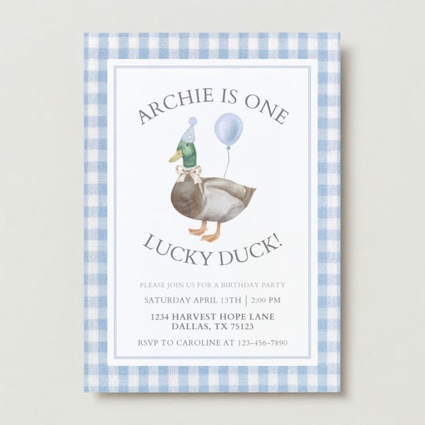 Eine Lucky Duck Einladungsvorlage, Ente zum ersten Geburtstag, Lucky Duck Geburtstagseinladung, Bearbeitbare Canva Vorlage Download