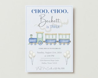 May include: A blue and green train with white smoke and the text "CHOO, CHOO, Beckett is TWO!"  Come join us to celebrate Sunday, August 21st, 2024 at 2:00 PM. 1234 Harvest Hope Lane, Dallas, Texas 74123. RSVP to Camille at 123-456-7890.