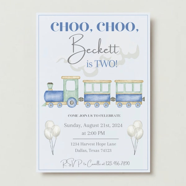 Choo Choo Two Invitation Template, Train Birthday, 2nd Birthday Invitation, Editable Canva Template Download