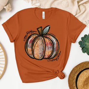 May include: A rust-colored t-shirt with a tie-dye pumpkin graphic. The pumpkin is outlined in black and has a brown stem.