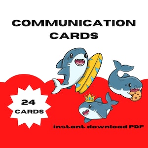 Communicatiekaarten (autisme, neurodivergentie, angst, afasie, OCD, ADHD, verbaal uitgedaagd, non-verbale hulp) Afdrukbaar schattig haaienthema