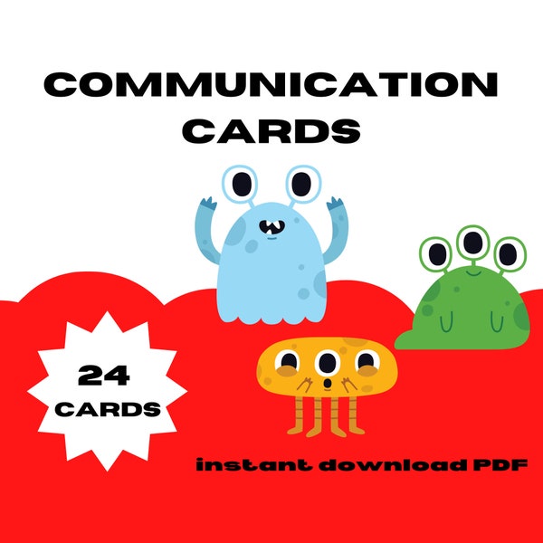 Communication Cards (Autism, Neurodivergent, Anxiety, Aphasia, OCD, ADHD, Verbally Challenged, Non-Verbal Aid) Printable Cute Monster Theme