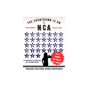 May include: A promotional poster with the text "The Countdown is On" and "NCA Dallas, Texas". It features a countdown calendar with star-shaped numbers, a silhouette, and a call to action to donate. The poster's colors are red, blue, and white.