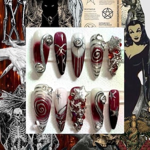 Goth Nails | Red and Black Nails | Bling Nails | Stiletto nails | Press on Nails