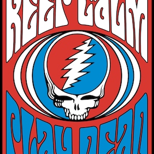 May include: A red and blue poster with the text "Keep Calm Play Dead" in a psychedelic font. The poster features a skull with a lightning bolt in the center.