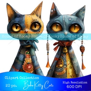 May include: Two colorful, cartoon cats with large eyes and intricate patterns on their bodies. The cats are wearing scarves and have tassels hanging from their ears. The background is white.