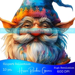 10 ud. Paquete de imágenes prediseñadas "Hippie Rainbow Gnomes". Junk Journal, ATC, Scrapbooking, Decoupage, Pegatinas, Papercrafts, colores del arco iris