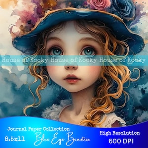 Ensemble de papier journal « Blue Eye Baby ». Téléchargement numérique, Imprimable, Art mural, Journal des indésirables, ATC, Scrapbooking, Créations créatives en papier, Filles de l'ère victorienne