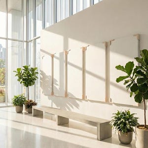 May include: A modern interior space featuring a concrete bench and several potted plants. The wall displays a series of rectangular panels with wooden supports. Large windows provide natural light, creating a bright and airy atmosphere.