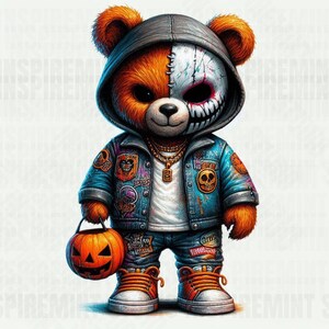 May include: A cartoon teddy bear wearing a blue denim jacket with patches, a white t-shirt, and jeans. The bear has a half skull face mask and is holding an orange jack-o'-lantern.