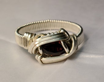 Wire wrapped sterling silver and garnet marquise size 12 ring