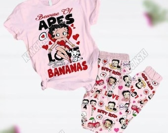 Betty Boop Pajamas Set, Betty Boop Beware Of Apes Love Bearing Sweet Bananas, Betty Boop Cartoon Pj Set, Betty Boop Midnight Shirt