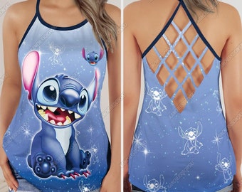 Stitch Criss Cross Tank Top, Stitch Cartoon Tank Top, Disney Character Tank Tops For Women, Disney Stitch Yoga Workout Tops, Gym Tank T