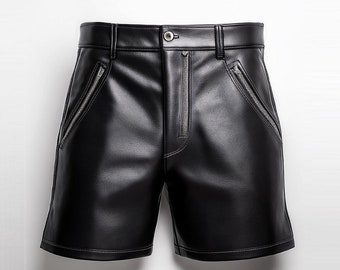 Real Leather Shorts Men&#39;s Black Loose Fit Leather Shorts Genuine Sheep Leather Shorts Handmade Leather Casual Shorts Summer Shorts
