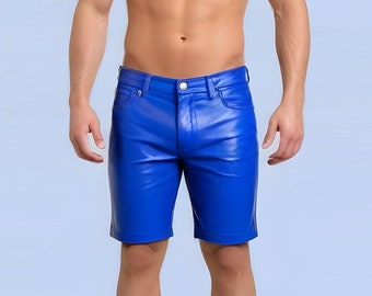 Short en cuir pour homme fait main en cuir de vache véritable Short d'été bleu Short en cuir gay