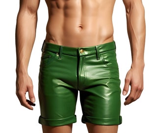 Pantalones cortos de cuero para hombre hechos a mano, pantalones cortos de verano verdes de cuero de vaca genuino, pantalones cortos de cuero Gay, pantalones cortos LGBTQ Pride Walk