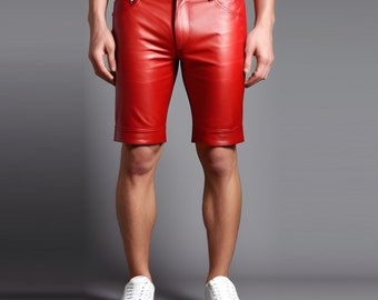 Handmade Mens Leather Shorts Genuine Cow Leather Red Summer Shorts Gay Leather Shorts LGBTQ Pride Walk Shorts