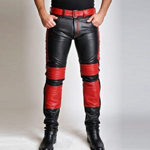 Handmade Black & Red Leather Biker Trousers: Steampunk Motorcycle Pants