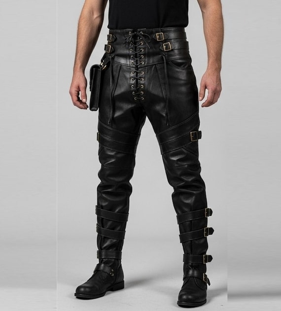 Handmade Black Leather Pants | Steampunk Buckle Trousers, Gothic Cosplay