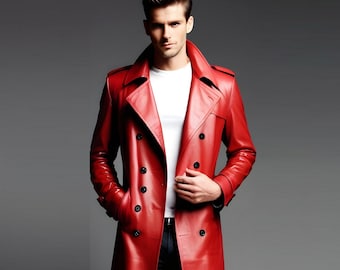 Manteau en cuir rouge pour homme fait main en cuir de vachette véritable pour homme en cuir pour homme, manteau d'affaires pour homme, manteau d'hiver pour homme, manteau en cuir pour homme.