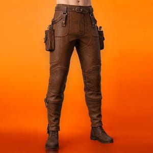 Pantalones utilitarios de cuero marrón para hombre / Pantalones de cosplay steampunk / Pantalones tácticos para festivales / Pantalones de combate góticos cyberpunk / Regalo para hombre