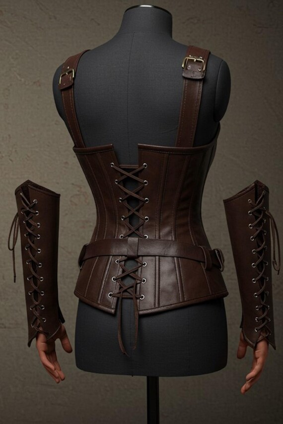 Brown Leather Corset Armor Set: Steampunk Warrior Bustier  display picture 3