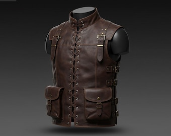 ブラウンレザーアーマーベスト｜ポケット付きレースアップコスプレ衣装