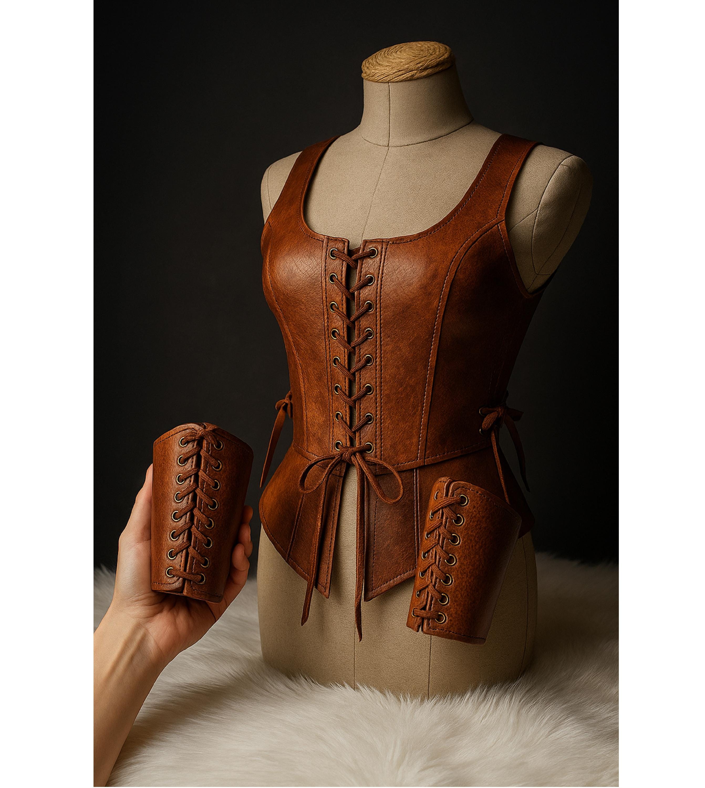Brown Leather Corset and Bracers Set | Medieval LARP Armor  display picture 2