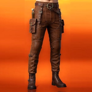 Pantalones utilitarios de cuero marrón para hombre / Pantalones de cosplay steampunk / Pantalones tácticos para festivales / Pantalones de combate góticos cyberpunk / Regalo para hombre