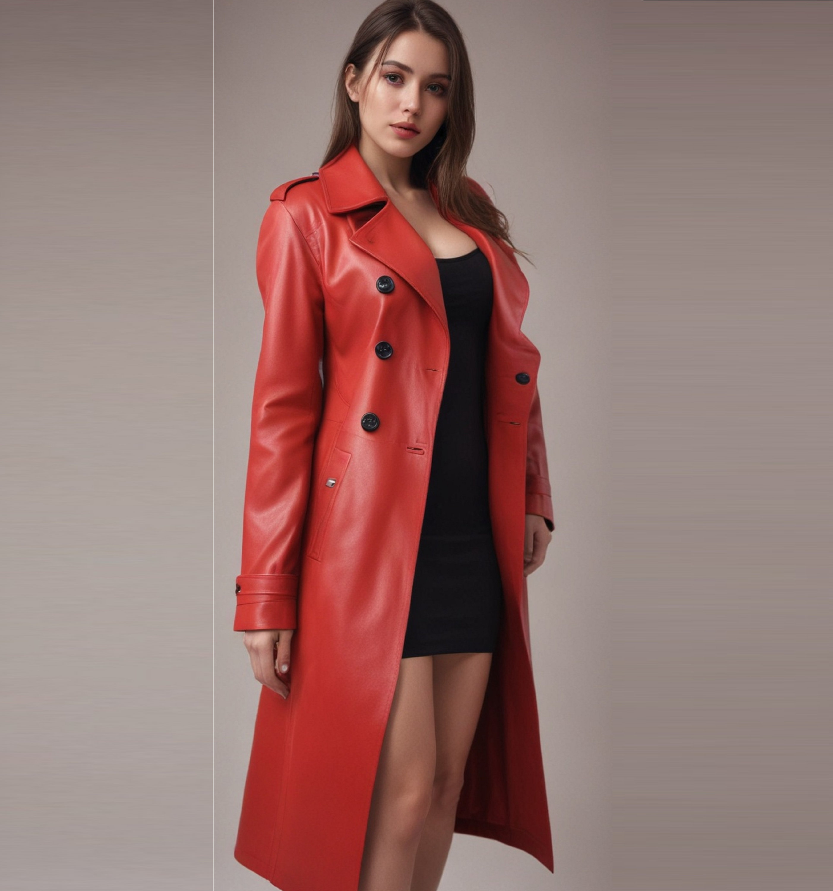 Handmade Women Leather Coat Genuine Cow Leather Red Trench Coat Winter ...