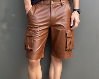Men brown Leather Shorts Genuine Cow Leather brown Cargo Shorts Handmade Leather Summer Shorts LGBTQ Pride Walk Shorts For Men Gift For Him