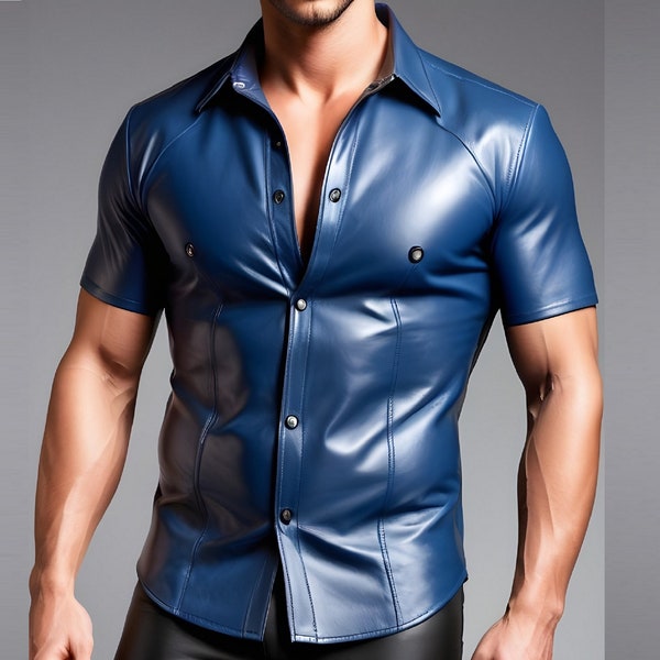 Chemise en cuir pour homme faite main en cuir de vache véritable Chemise de police bleue Chemise de motard Chemise décontractée pour homme Cadeau pour mari