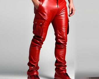 Pantalon En Cuir De Motard Rouge Matelassé - Taille 28 à 48 - Style Biker Slim - Neuf Avec Étiquettes
