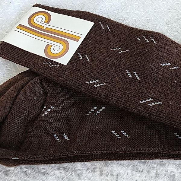 Vintage 1970s genuine italian brown men's dress socks delp CALZE brand unworn made in Italy in packaging retro white patter menswear size 12