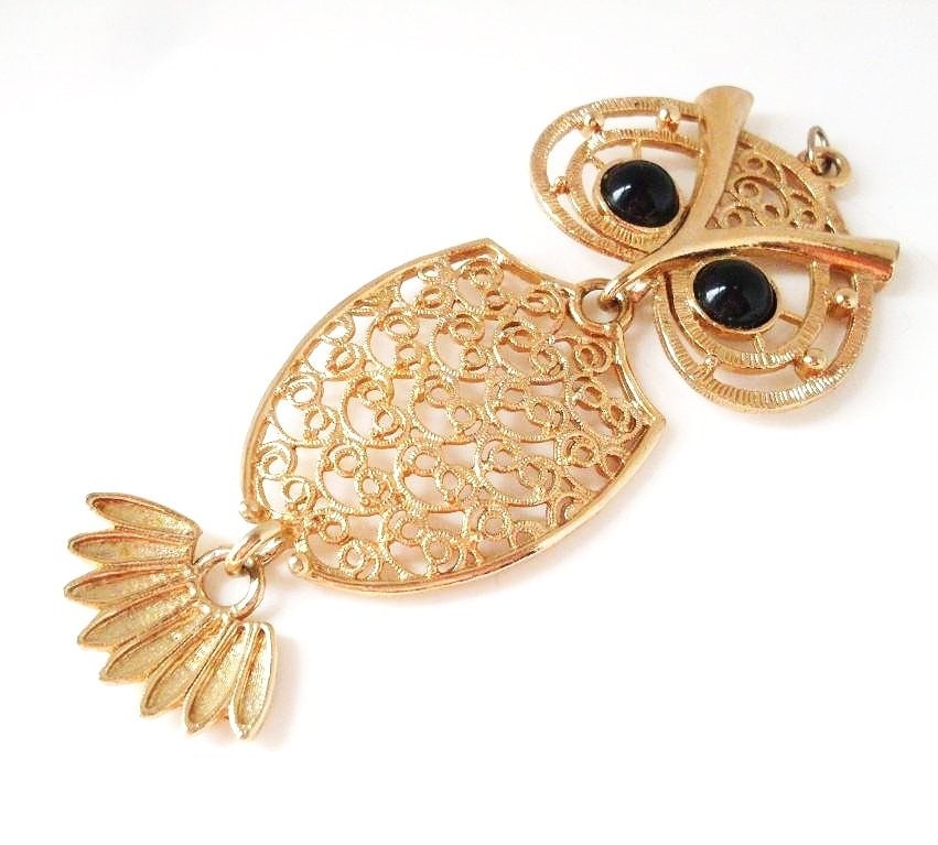 Sarah Coventry Vintage Owl Necklace Articulated Gold Tone Black Eyes
