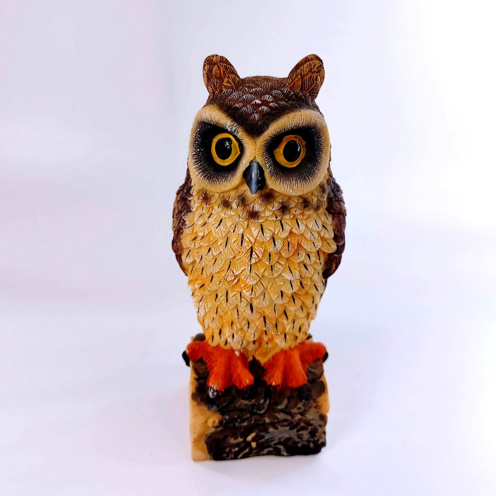 Vintage Realistic Horned Owl Figurine on Stump 6" Tall