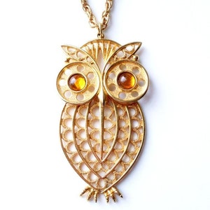 Vintage Articulated Owl Pendant: Gold Tone, Golden Eyes