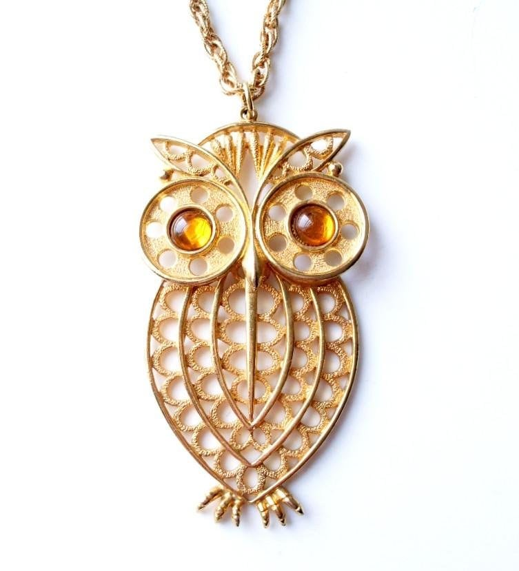 Vintage Articulated Owl Pendant: Gold Tone, Golden Eyes