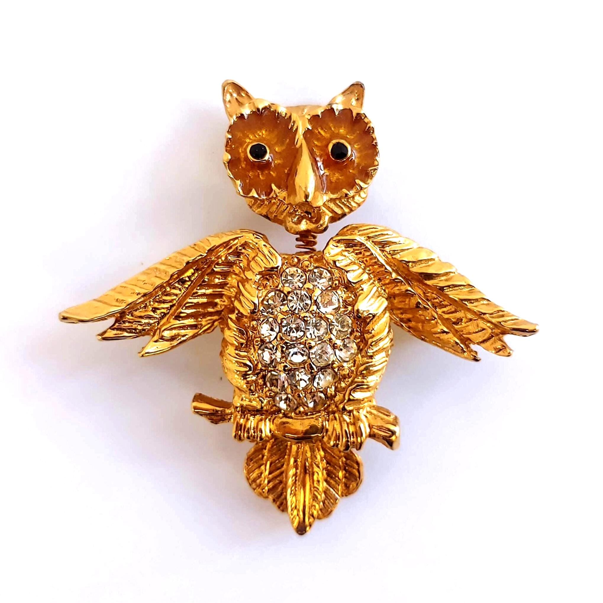 Vintage 1970s Owl Brooch Gold Clear Rhinestone Moveable Spring Head