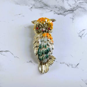 Vintage Enamel Owl Brooch - Vibrant Colors & Rhinestone Eyes