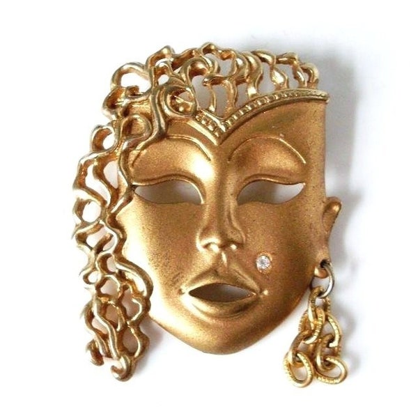 Vintage Gold-tone Female Mardi Gras Mask Brooch